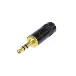 3.5mm TRS plug, black metal shell accepts cable up to 8mm OD, gold contacts